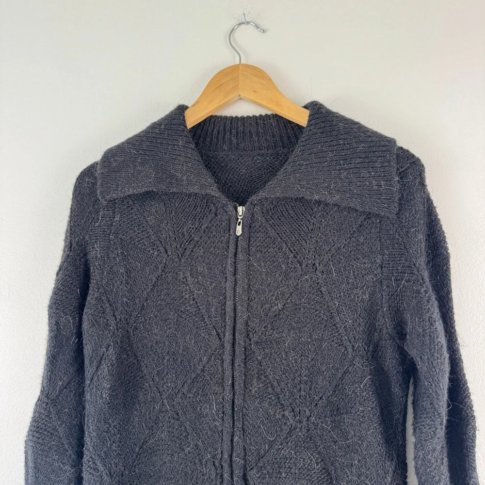 Black Alpaca Blend‎ Diamond Knit Full Zip Long Cardigan Sweater Soft S